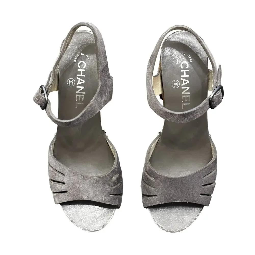 Chanel Lucky Charms Gray Suede CC Wood Platform Sandals Heels Size 37